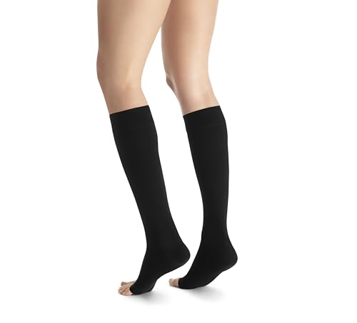 Image of JOBST 115376 Opaque Compression Stocking, Knee High, 20-30mmHg, Open Toe, Large Full Calf, Classic Black
