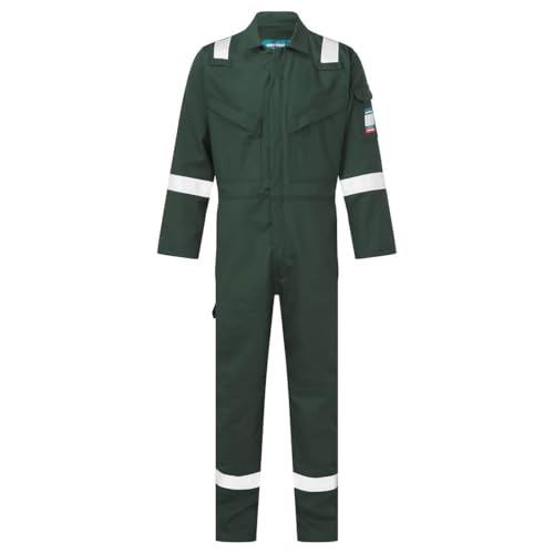 Portwest FR50 Men's Bizflame Work FR Coverall Flame Resistant Hi Vis Anti-Static Arc Proof Safety Overalls Reflective Knee Pad Pockets CE Certified Offshore Workwear, Green, XL