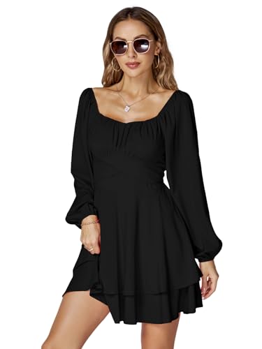 LYANER Women's Lantern Long Sleeve Wrap Tie Back Square Neck Double Layer Ruffle Hem A Line Short Mini Dress4
