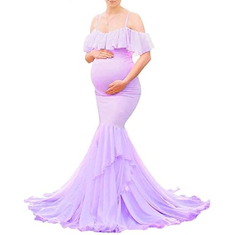 JustVH Maternity Off Shoulder Ruffles Elegant Fitted Gown Spaghetti Strap Mermaid Maxi Photography Dress for Photoshoot - Purple - Medium Cover