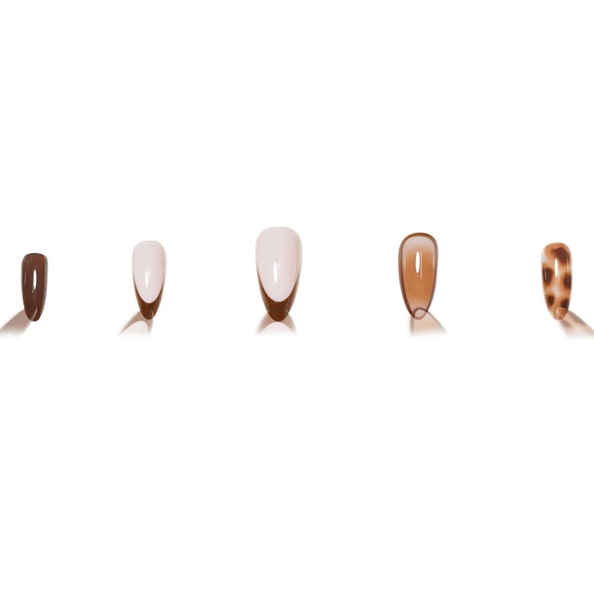 Medium Almond Press on Nails - French Tip Fall Fake Nails with Brown Leopard Designs, Reusable Stick on False Nails with Glue Tabs for Women 24PCS