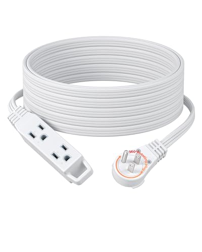 DEWENWILS 25FT Flat Plug Extension Cord 3 Prong Ultra Thin Power Strip 360 Rotating Plug 13A/125V/1625W 16 Awg Grounded Flat Power Cable for Indoor Narrow Space SPT-3 ETL Listed White