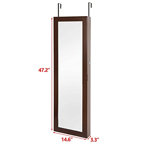 Super Deal Jewelry Armoire Lockable Jewelry Cabinet Wall/Door Mounted Jewelry Organizer With Full Length Mirror And Drawers - 14.5W X 48H In - Brown #TOP4