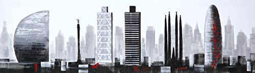 Cuadros Decorativos para Comedor Cuadroexpres - Cuadro Pintado Ciudad de Barcelona 120x35 cm, Moderno, en Blanco y Negro y Detalles en Rojo. 100% Original,...
