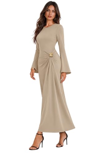 Sipaya Maxi Bodycon Dresses for Women Wedding Guest Formal Business Casual Long Sleeve Cocktail Outfits Midi Fall Fashion Winter Clothing Funeral Apricot L - image 4