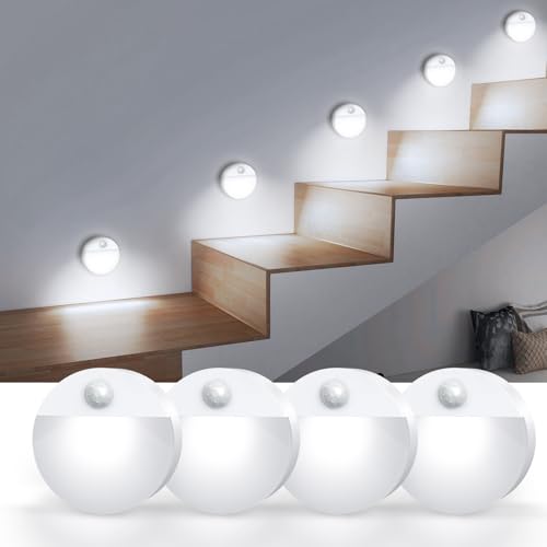 AMIR Upgraded Mini Motion Sensor Light Battery-Powered, Cordless Stick-on LED Night Light, Wall Light, Closet Lights, Safe Lights for Stairs, Hallway, Bathroom, Kitchen, Cabinet (Pack of 4 - White)