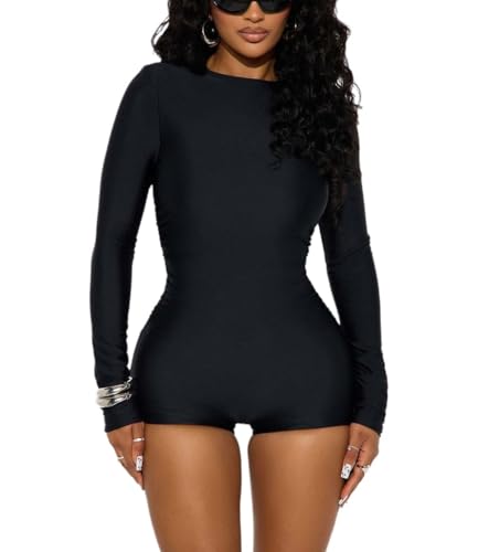 THLAI Long Sleeve Jumpsuits for Women Crew Neck Bodycon Short Jumpsuits Sexy Romper Club One Piece Outfits