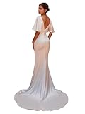 Sougoue Modest Satin Wedding Dresses for Bride Boho Mermaid Short Sleeves Open Back V Neck White Simple Beach Bridal Gowns with Train US18