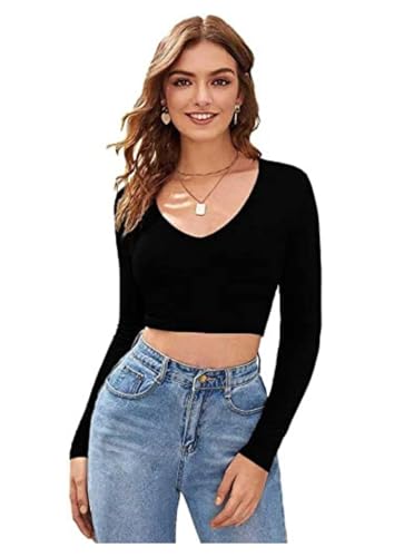 Image of LONDON BELLY Women's Polyester Crop Top with V Neck Full Sleeves Solid Pattern Regular Fit and Crop Length | Crop Tops for Woman | Women Chic Everyday Wear Top