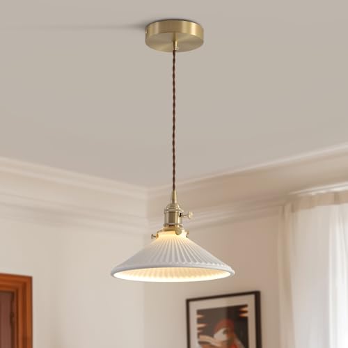 Magiroz White and Gold Pendant Light Modern Nordic Hanging Ceiling Light Fixture Vintage Adjustable Single Brushed Brass Opal Glass Pendant Lights Kitchen Island Lamp Ceramic Chandelier MPL16D