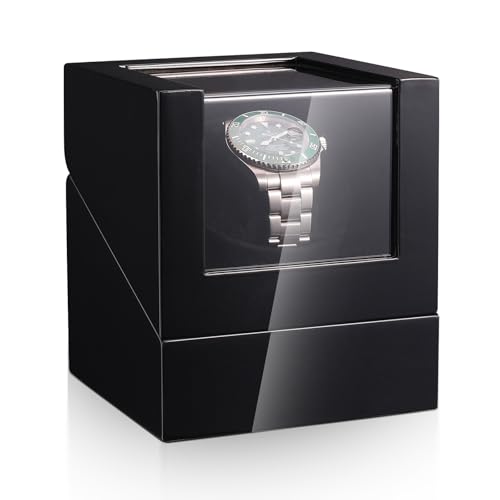 Lian Single Automatic Watch Winder Ebony Piano Lacquer Watch Box With Quiet Mabuchi Motor Acrylic Glass Anti-Scuff Battery Powered or AC Adapter (Black)