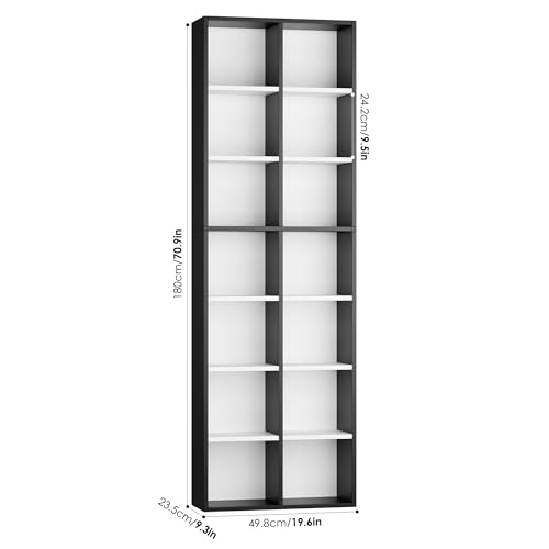FOTOSOK 71\'\' Tall Bookshelf, Double Wide Media Tower Rack CD DVD Rack Display Cabinet with Adjustable Shelves, Tall Narrow Bookcase Bookshelf for Home Office, White/Black