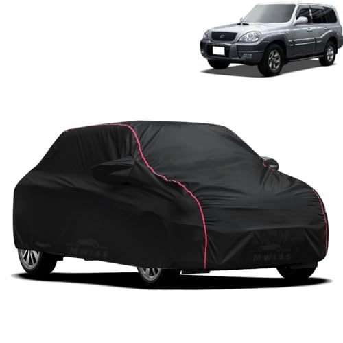Image of Waterproof Car Cover for Hyundai Terracan | All-Weather Protection, Dustproof & UV Resistant | Triple Stitched Mirror Pockets, Windproof Buckle Strap with Elastic Hem, Black-Red Piping
