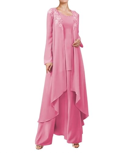3 Pieces Mother of The Bride Dresses Pant Suits for Wedding Guest Groom Outfit Lace Chiffon Formal Gown Set with Jacket Rose Pink 14