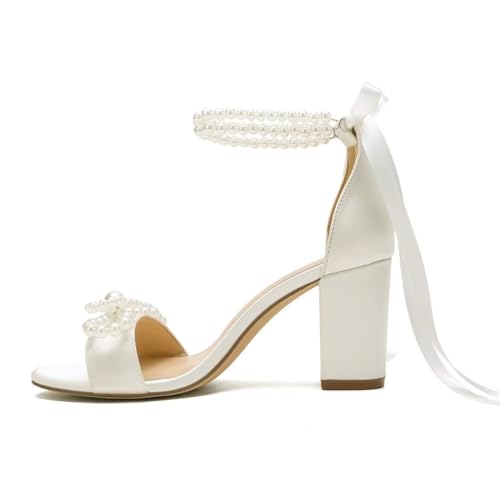 High Block Heel Wedding Sandals Pearl Heels with bow Open Toe Wedding Shoes for Bride3