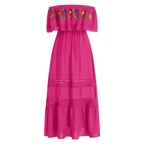 ABAFIP Women's Mexican Embroidered Dress Off Shoulder Floral Embroidery Lace Present Fiesta Midi Dresses4