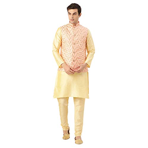 Image of SOJANYA (Since 1958 Men's Cotton Linen Maroon Kurta and White Pyjama with Mustard Cotton Nehru Jacket
