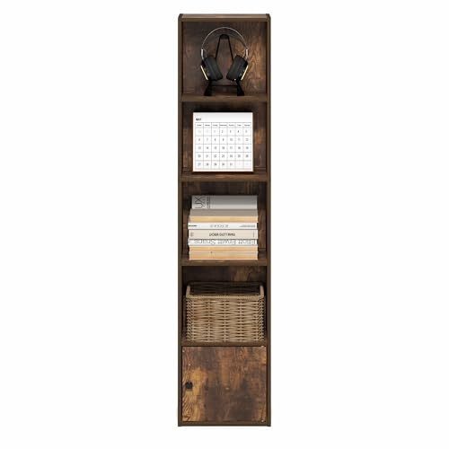 Image of Furinno LUDER Book Shelf, 5-Tier Bookshelf with Open Shelf, Standing Bookcase with 1 Door Cabinet, 9.3 x 12 x 52, for Organization and Storage, for Living Room, Bedroom, Home Office, Amber Pine