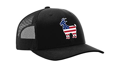 Heritage Pride Embroidered American Flag Filled Farm Animals Patriotic Mesh Back Trucker Hat, Goat, Black Black