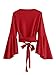 SweatyRocks Women's Long Sleeve V Neck Tie Knot Bandage Wrap Blouse Crop Top Red S