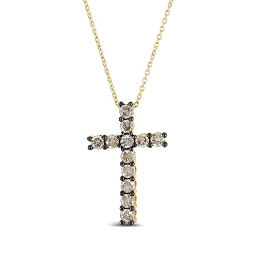 Haus of Brilliance 10K Yellow Gold Plated .925 Sterling Silver 1.00 Cttw Traditional Diamond Cross 18" Pendant Necklace (Champagne color, I2-I3 Clarity)