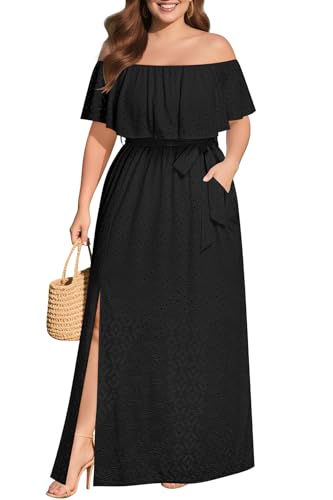 Image of Pinup Fashion Women Plus Size Summer Dresses - Off The Shoulder Wedding Guest Eyelet Casual Maxi Dress Pockets