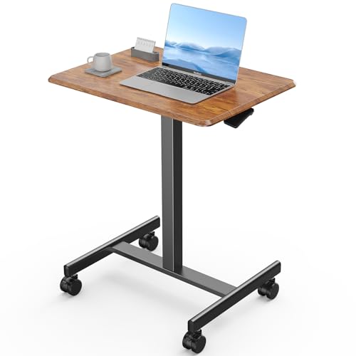 Image of OLIXIS Mobile Standing Desk with Wheels Small Rolling Laptop Desks Portable Pneumatic Adjustable Height Sit Stand Table Computer Workstation for Home Office Rustic Brown
