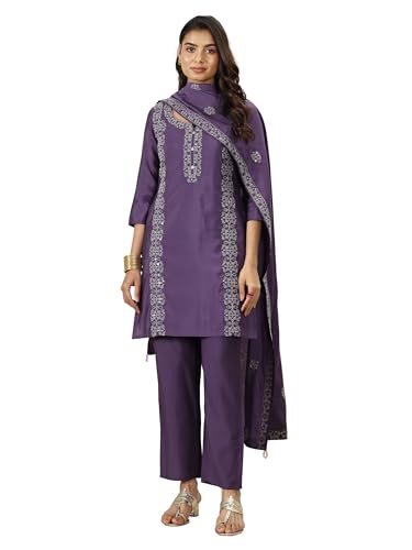 Image of Libas Womens Embroidered Silk Blend Straight Kurta with Palazzos and Dupatta