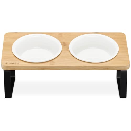 Navaris 2X Fressnapf aus Keramik mit Metall Ständer - Katzennapf Hundenapf 2 Stück im Set - Erhöhter Futternapf Katze Hund - Napf in Schwarz Natur