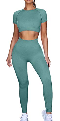 EUYZOU Womens Seamless 2 Piece Workout Sets - High Waist Workout Yoga Outfits Sports Gym Clothes - Top&legging Green M