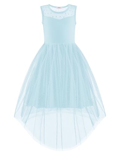 Image of Arshiner Girls Dresses Formal Party Wedding Tulle Sleeveless Contrast Mesh High Low Dress with Belt