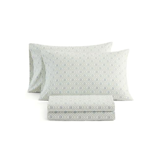 Image of Martha Stewart - Queen Sheet Set with Fitted Sheet & Pillowcases, Cotton Percale Bedding with a Smooth Feel, Deep Pocket, Costa Blue