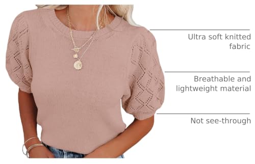 Image of Womens Short Sleeve Sweaters Crewneck Knit Pullover Tops 2025 Summer Casual Lightweight Crochet Blouse Shirt
