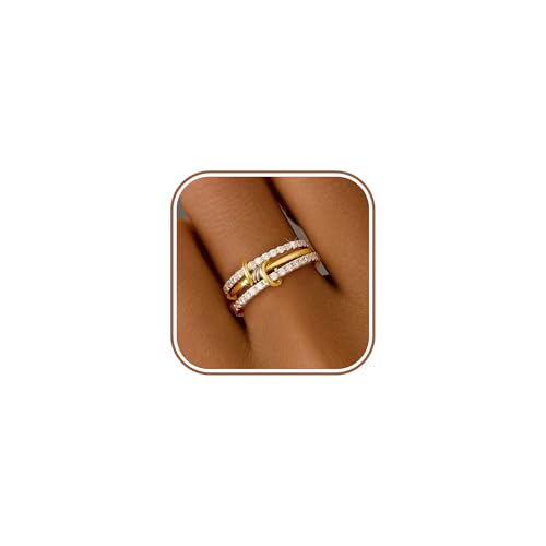 SUYACS 14K Gold Plated Interlocked Stackable Rings for Women Non Tarnish 925 Sterling Silver Mixed Metals Multi Statement Stack Ring Two Tone Connected Bands CZ Thumb Ring Jewelry Gifts (Gold & Silver CZ (3 Layer), 6) by SUYACS - Used condition - US$27.25