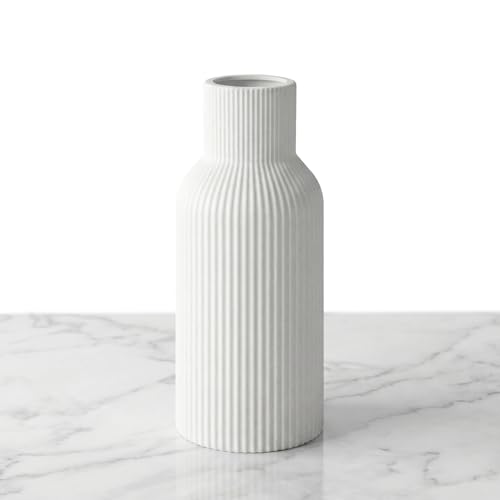 TrendEcoHome White Ceramic Vase, Modern Matte Ribbed Flower Vase for Pampas Grass, Fresh & Dried Flowers, Waterproof Decorative Home Decor for Living Room, Coffee Table, Bookshelf & Entryway