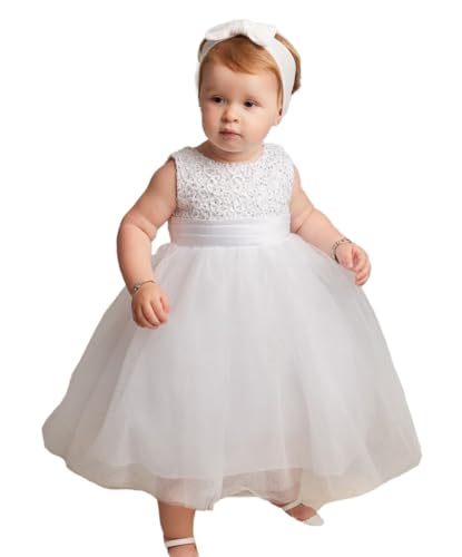 Image of SIRRI Baby Girls Christening Ivory Dress with Floral Lace Bodice and Tulle Skirt - Special Occasion Outfit Size 6-12 Months