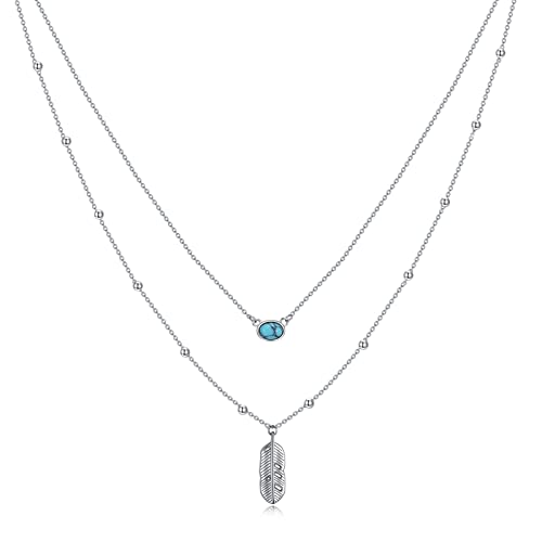 Bijoux argent 925 haut de gamme collier plume et turquoise véritable