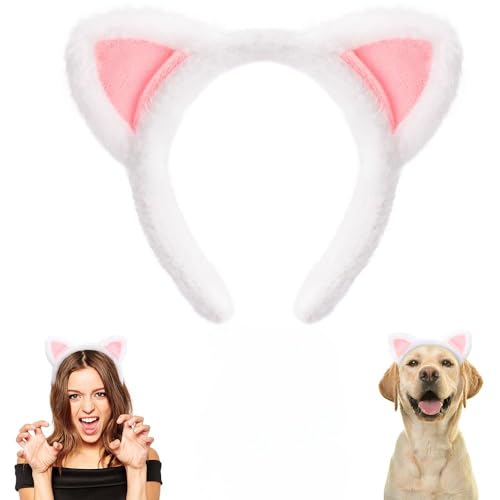 Exacoo White Cat Ears Headband Fuzzy Ears Headband for Halloween Cosplay Costume Cute Cat Ear Headbands for Makeup Spa Party Christmas Gifts Animal headband