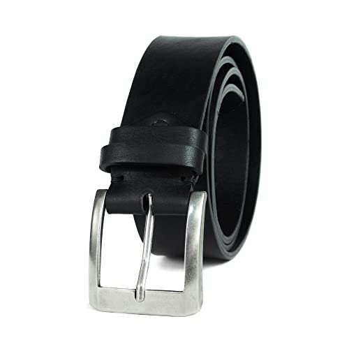 HoffeBelts Men’s Handmade Full Grain Leather Belt, Jeans Casual Black Belt, 1.57 inch wide, Genuine Manhattan L