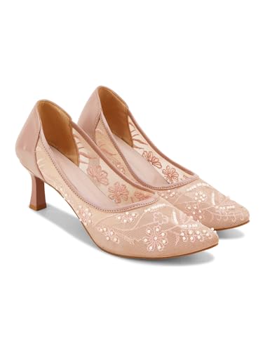 Image of TRYME Floral Embroidered Stiletto Heels for Women | Elegant Mesh High Heels with Stylish Feminine Design