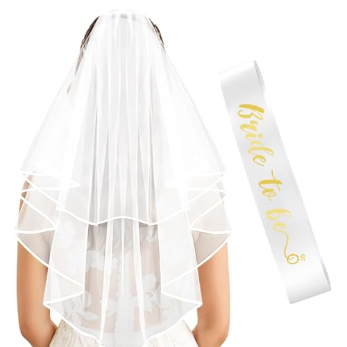 Dagelar Gold Bride to Be Sash &amp; White Wedding Veil for Bachelorette Party