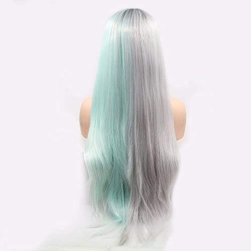 Perruque cheveux raides longs noir gris vert clair avec dentelle faite main - 3