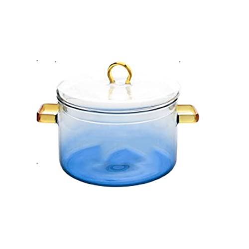 JINGYAN Bol Pan Verre avec Couvercle, La Meilleure Batterie De Cuisine en Verre À La Main De Cuisine De Cuisine De Cuisine, Soupe, Lait, Gradient Bleu, Diamètre De Bol 5.5 Pouces