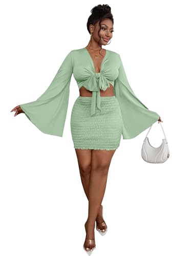 Image of LYANER Women 2 Piece Vacation Outfits Tie Knot Front Bell Long Sleeve Crop Top and Mini Skirt Summer Set