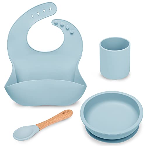Image of Baby Feeding Set, BPA free, Food Grade Silicone Dinner Plate and Cutlery Set, Learn To Eat on Your Own, Set Includes Suction Cup Bowl, Spoon, Bib and Cup (Blue)