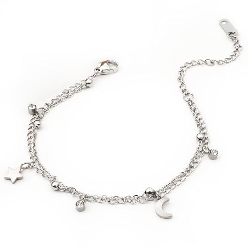 KatchOn, Elegant Star and Moon Bracelet - Adjustable, 9.1 Inches | Stainless Steel Silver Charm Bracelet for Women | Stainless Steel Bracelet, Silver Jewelry Gift for Mom, Wife, Girlfriend