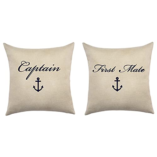 Wflosunve Nautical Anchor Throw Pillow Covers Cushion Cases, Ocean Theme Captain & First Mate Decorative Pillow Cases For Bed Couch Sofa, Faux Linen 18X18 Inch Set Of 2 Navy Blue #TOP12