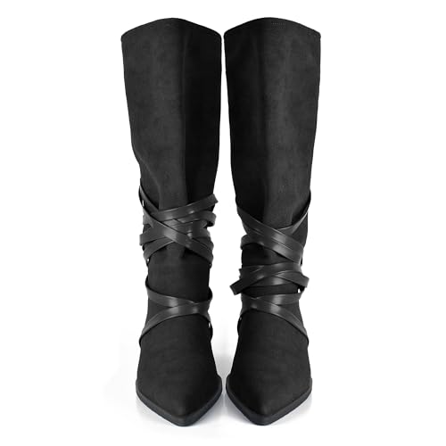 JANSEVEN Western Mid Calf Cowgirl Boots for Women Cowboy Casual Boots Strappy Pointed Toe Lace Up Boot Low Heel Boot3