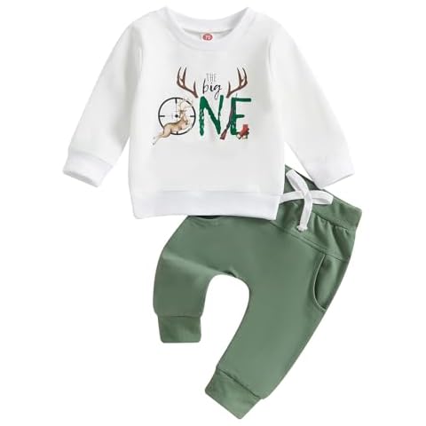 YOKJZJD Baby Boy First Birthday Outfit The Big One Deer Hunting Sweatshirt T-Shirt Tops Pants Set 1 Year Old Fall Clothes (Green, 12-18 Months) Cover