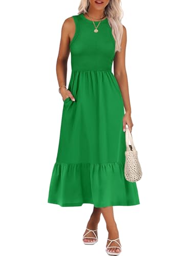 ANRABESS Women Midi Dresses 2026 Summer Casual Sleeveless Sundress High Neck Tank Top Racerback Flowy Beach Dress ＆ Pockets Green Medium
